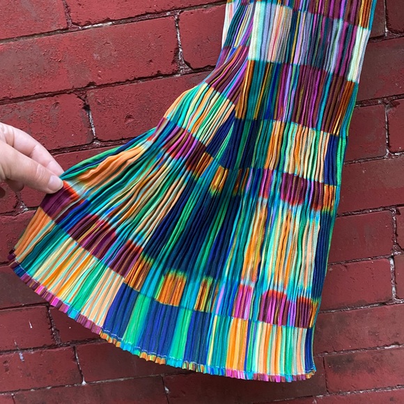 Julia Heuer Crinkle Stretch Pant Bell Wide Leg Rainbow Pride Orange Blue Rave - Picture 4 of 9